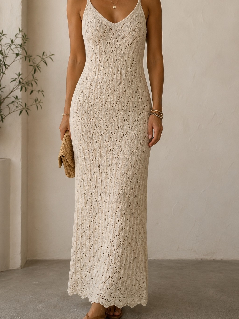 Freshman XL Crochet Knit Maxi Dress Cream Boho Coastal Beach Feminine